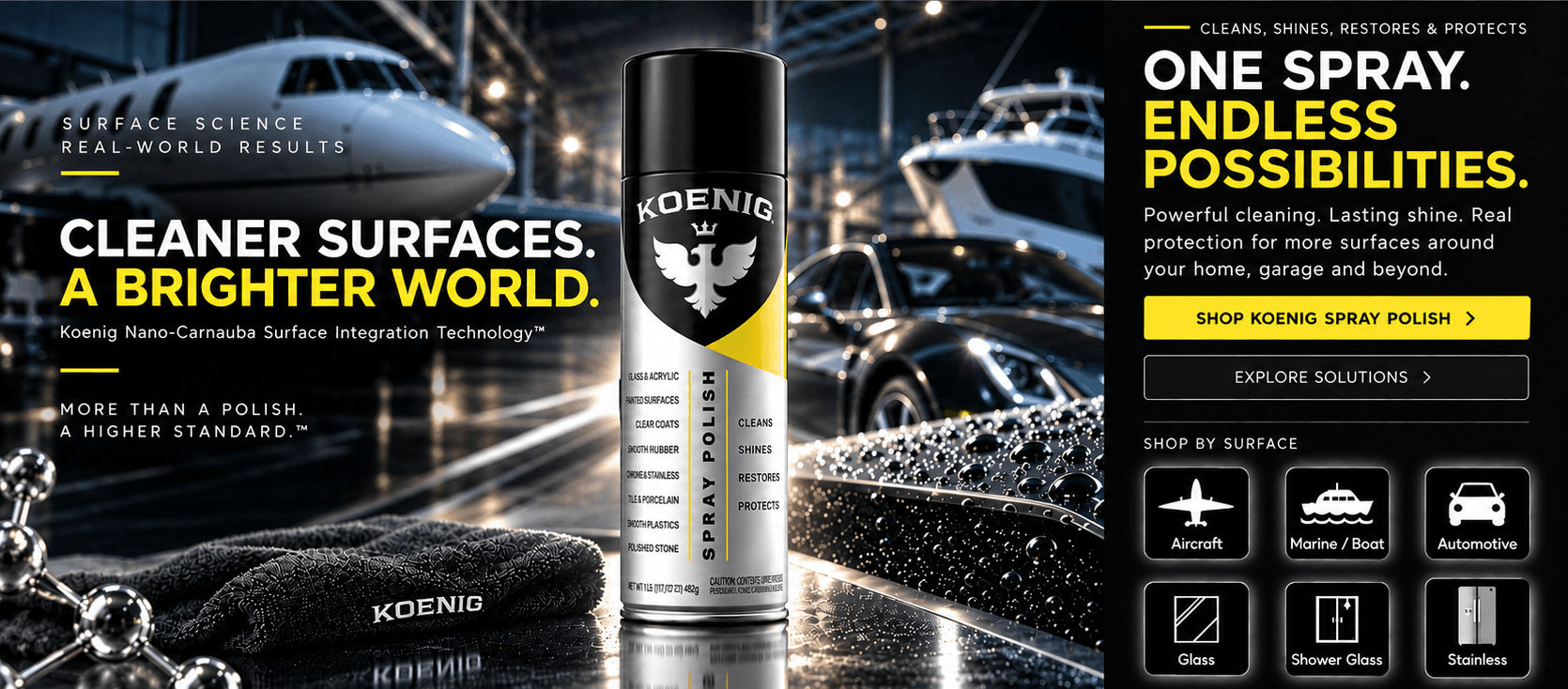 Koenig Spray Polish with automotive, marine, aircraft, glass, and finished-surface application imagery.